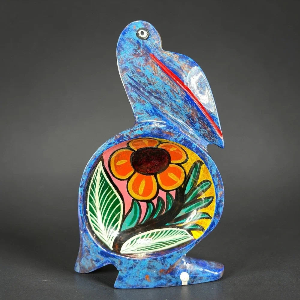 Vintage Hand Painted Wooden Pelican Bowl Floral Folk Art Blue Decorative Dish
